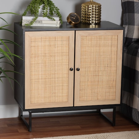 Baxton Studio Declan MidCentury Modern Espresso Brown Finished Wood and Natural Rattan 2Door Storage Cabinet 221-12472-ZORO